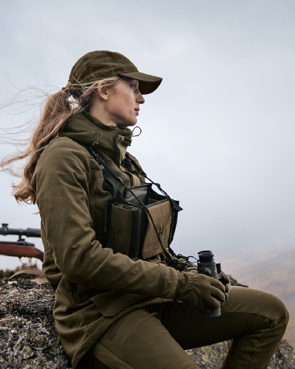 Willow Green Coloured Harkila Womens Pro Hunter GTX Jacket on mountain background