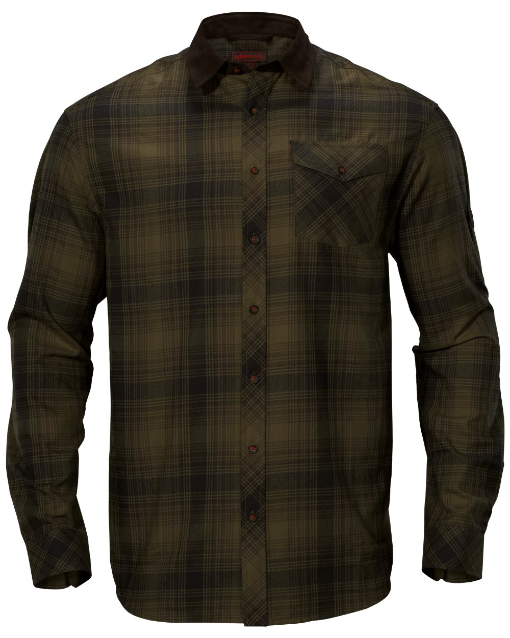 Olive Green Check coloured Harkila Driven Hunt Flannel Shirt on white background 