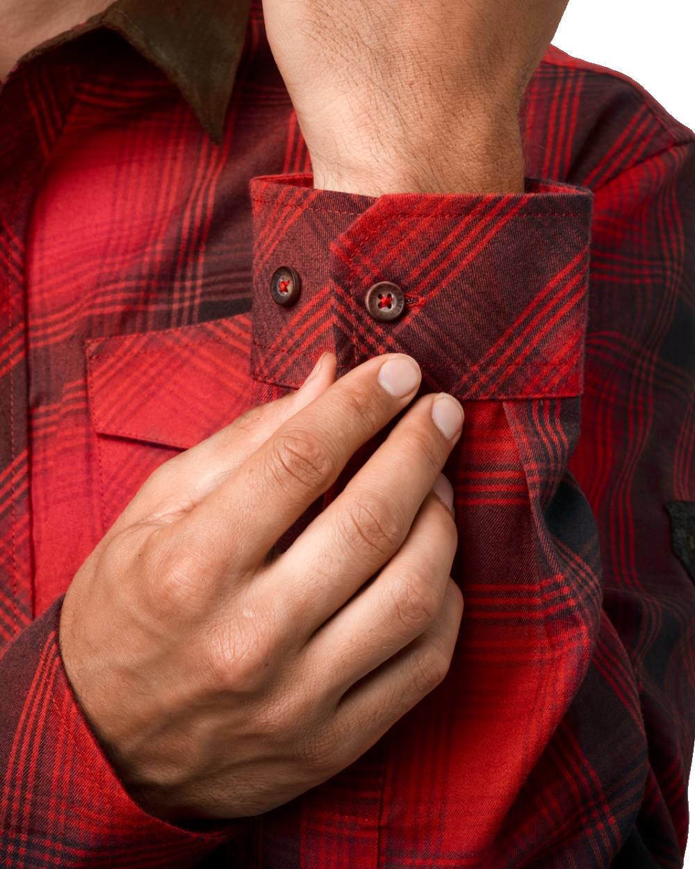Red/Black check coloured Harkila Driven Hunt Flannel Shirt on white background 