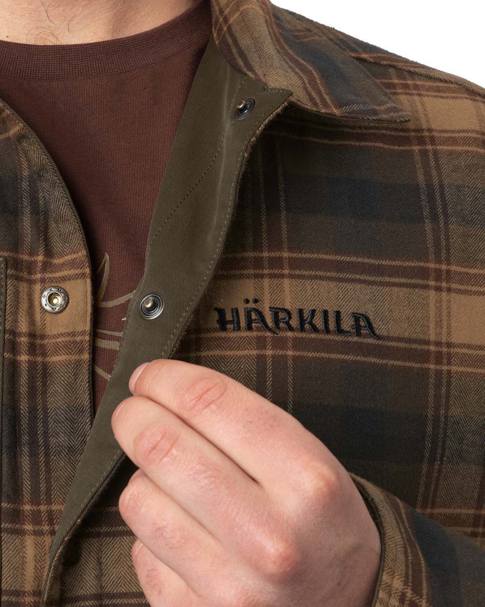Dark Warm Olive/Burgundy coloured Harkila Eirik Reversible Shirt Jacket on white background