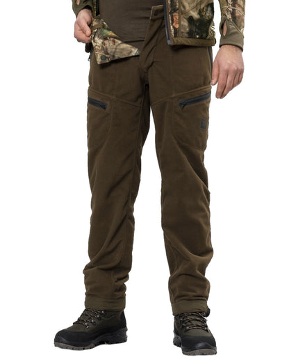 Hunting Green coloured Harkila Kamko Camo Reversible WSP Trousers front on white background
