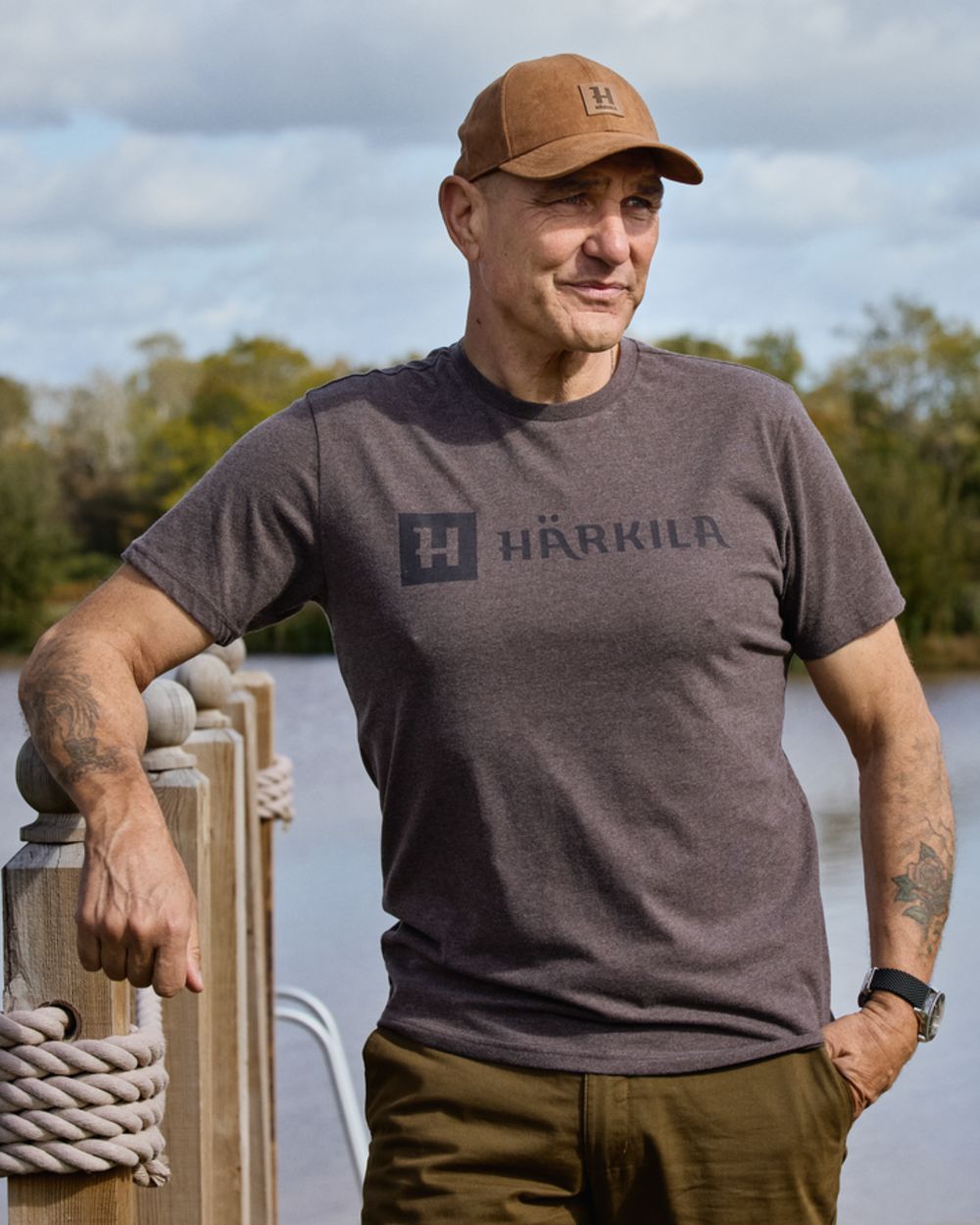 Brown Melange coloured Harkila Mens Identity Short Sleeve T-Shirt on outdoor background