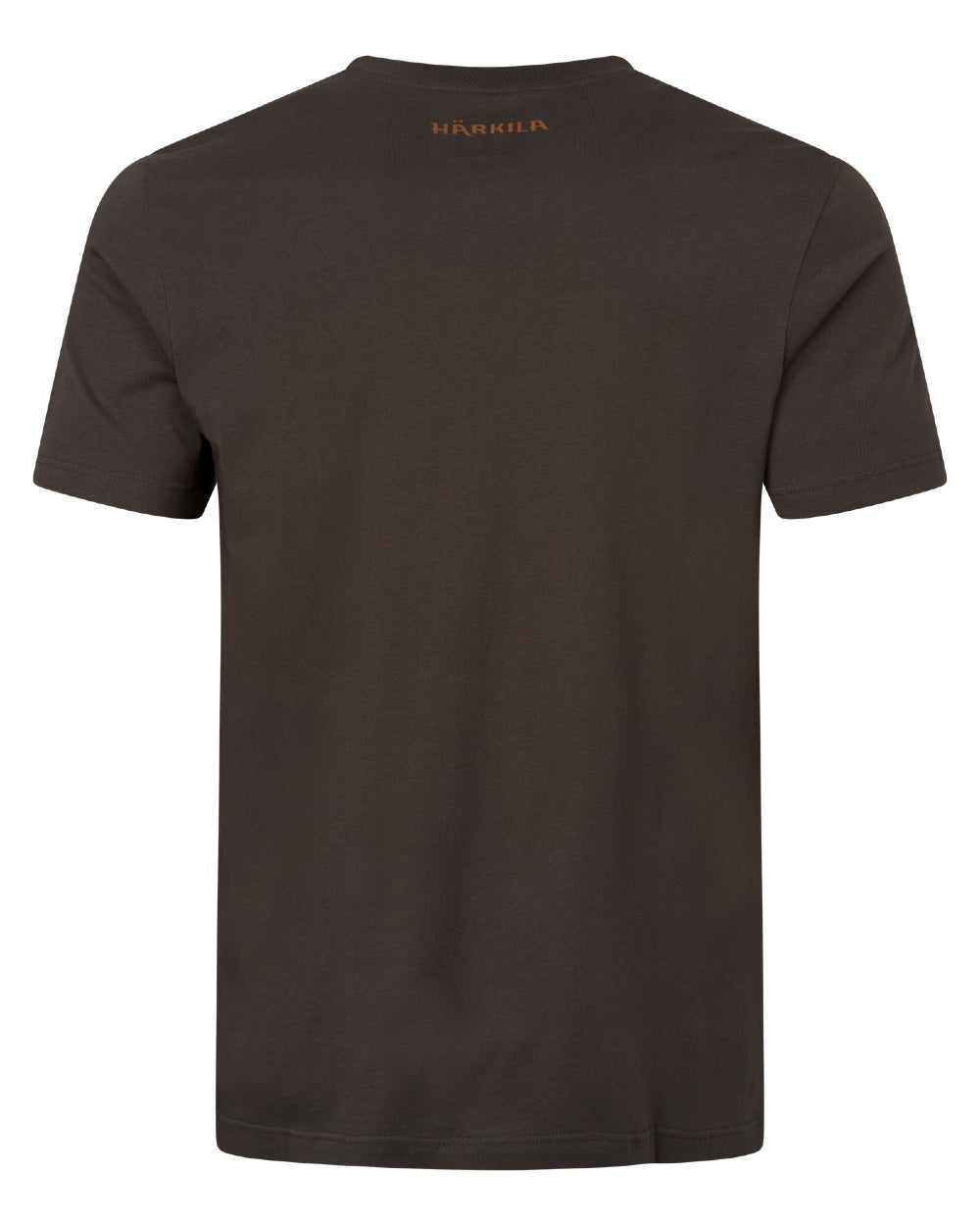 A dark brown short-sleeve crewneck t-shirt shown from the back, featuring a small gold logo printed at the inner neckline, set against a plain white background.