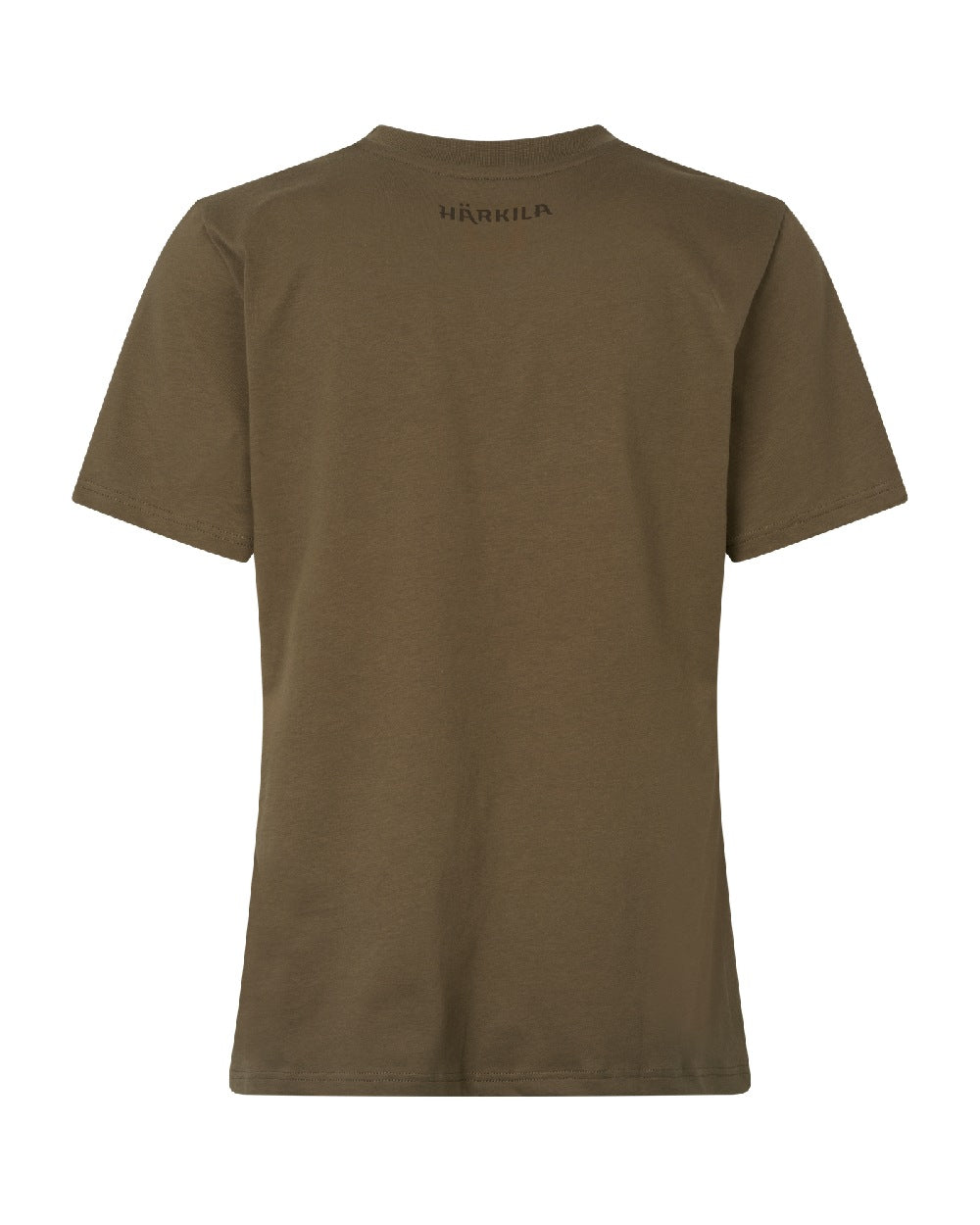 A short-sleeve crewneck t-shirt in olive brown, shown from the back with a small dark logo printed at the inner neckline, set against a plain white background.