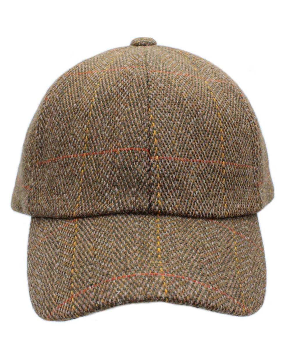 Autumn Leaf Coloured Heather Callow Derby Tweed Baseball Cap on white background