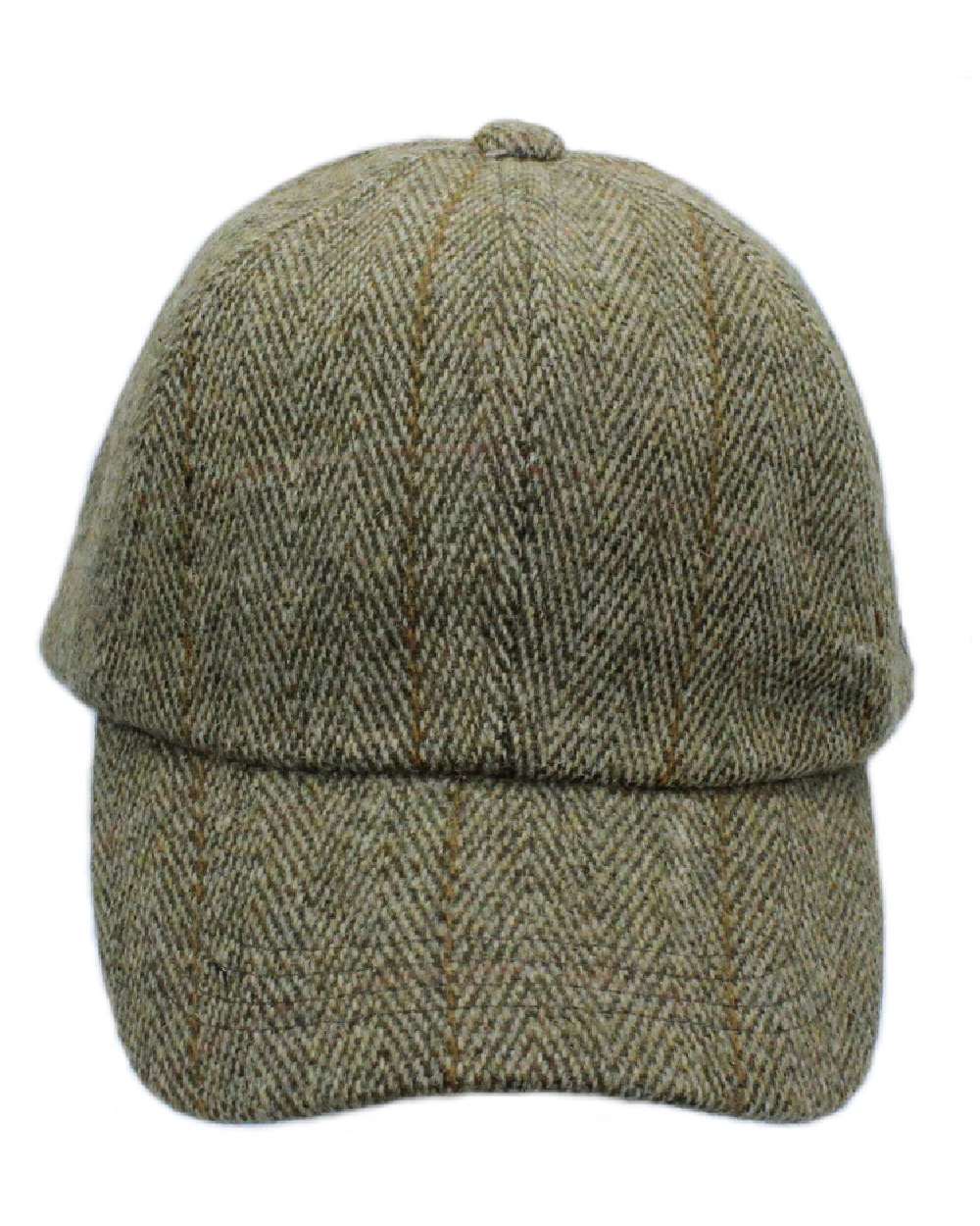 Sage Coloured Heather Callow Derby Tweed Baseball Cap on white background