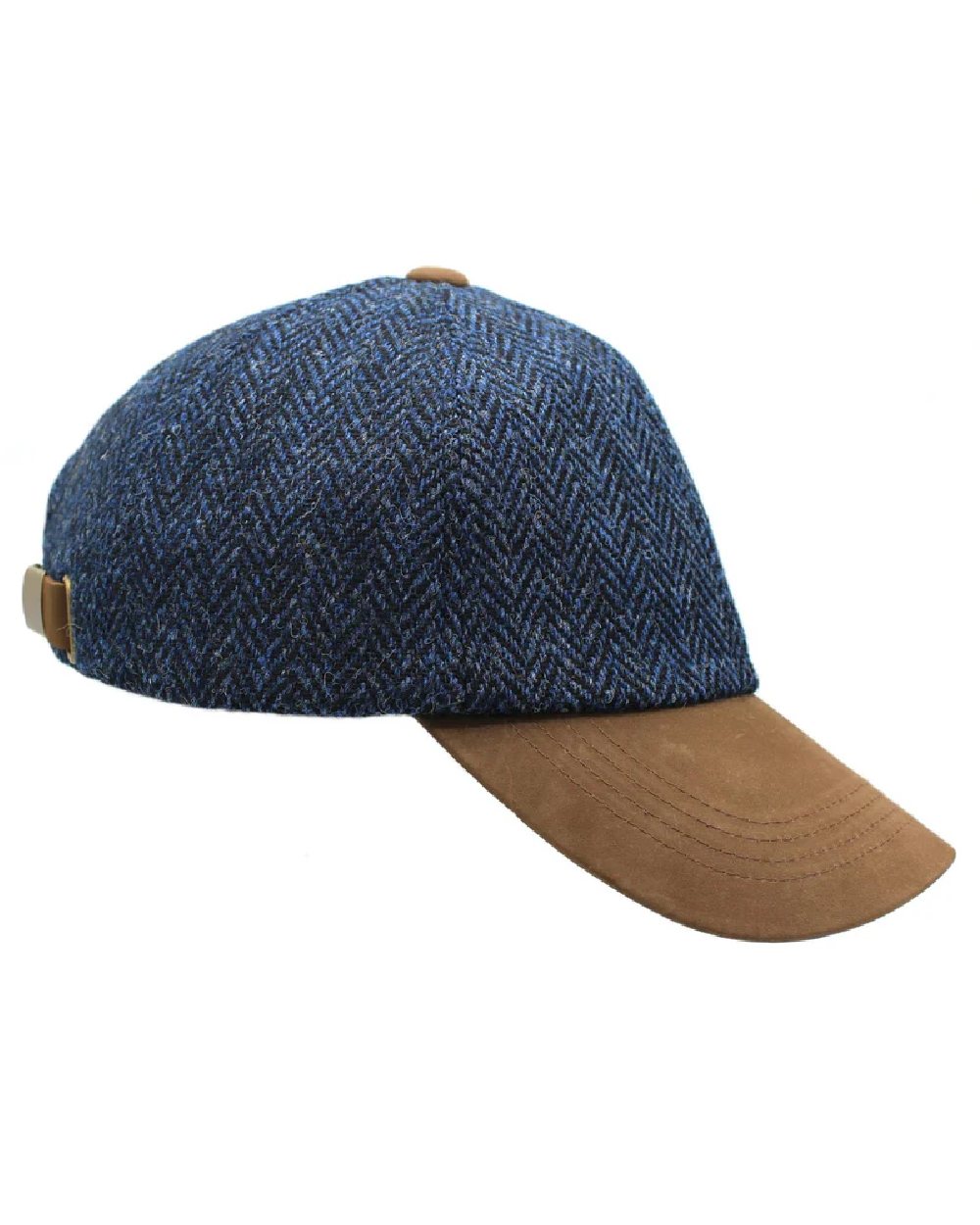 Blue Black Herringbone Coloured Heather Glencairn Harris Tweed Leather Peak Baseball Cap on white background