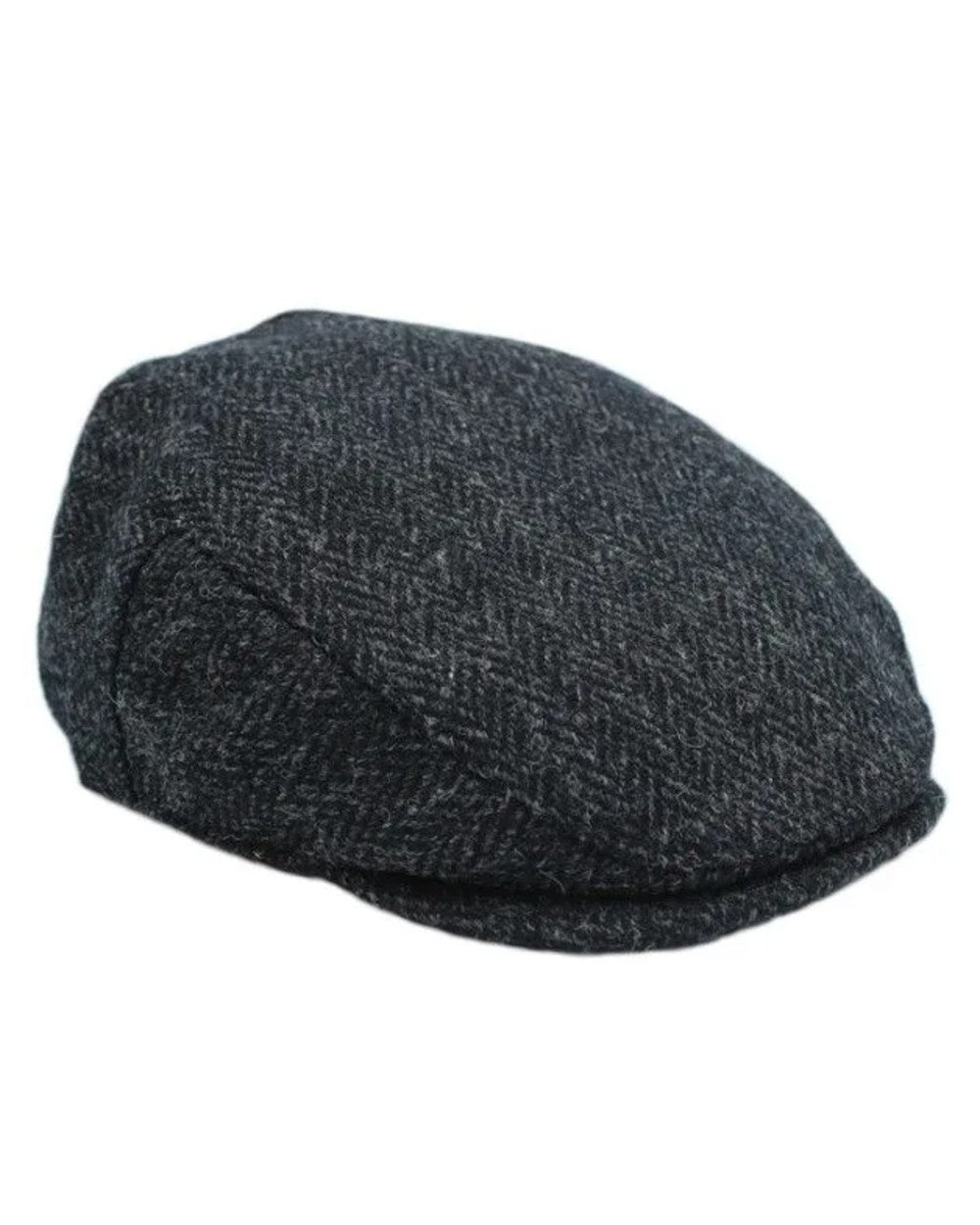 Black Herringbone coloured Heather Highland Harris Tweed Flat Cap Clearance on white background