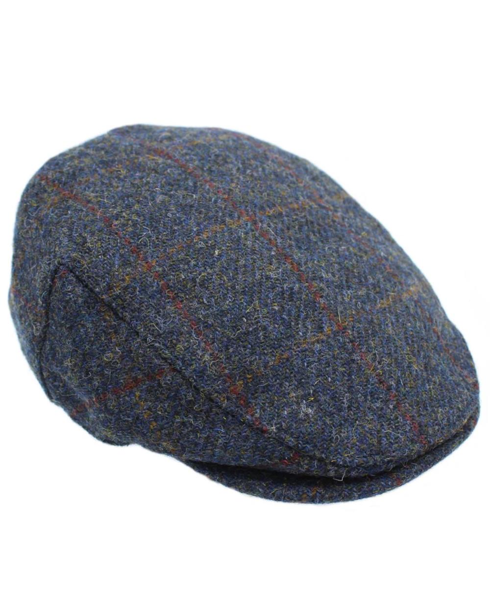 Steel Blue Check Coloured Heather Highland Harris Tweed Flat Cap on white background
