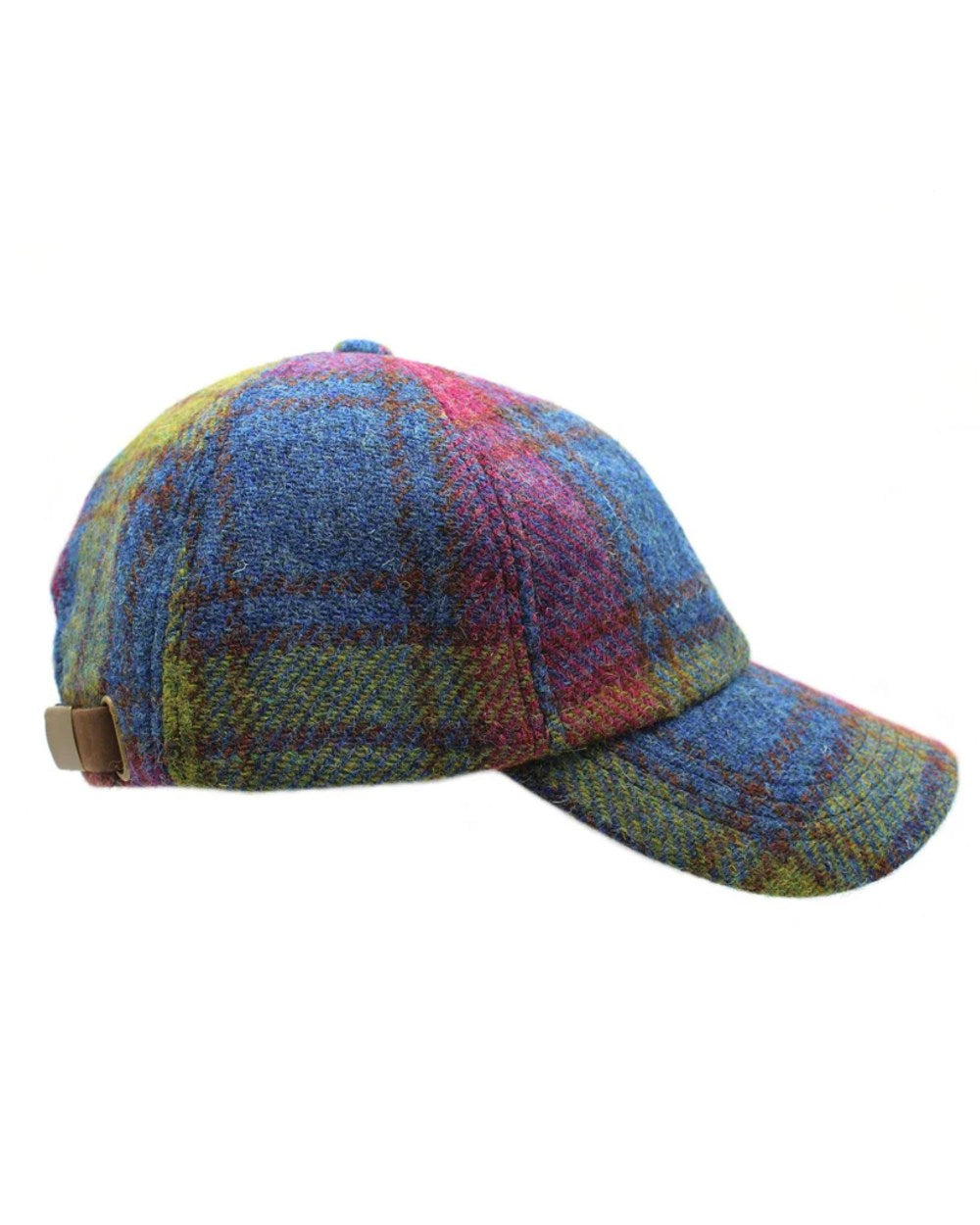 Blue Green Plum Check Coloured Heather Rannoch Harris Tweed Baseball Cap on white background