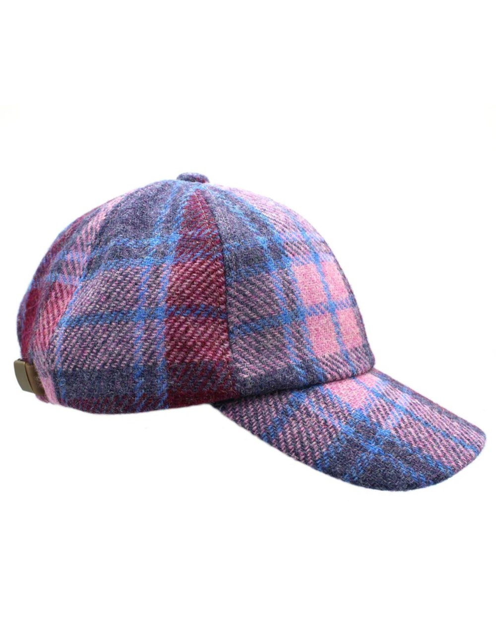 Pink Blue Check Coloured Heather Rannoch Harris Tweed Baseball Cap on white background