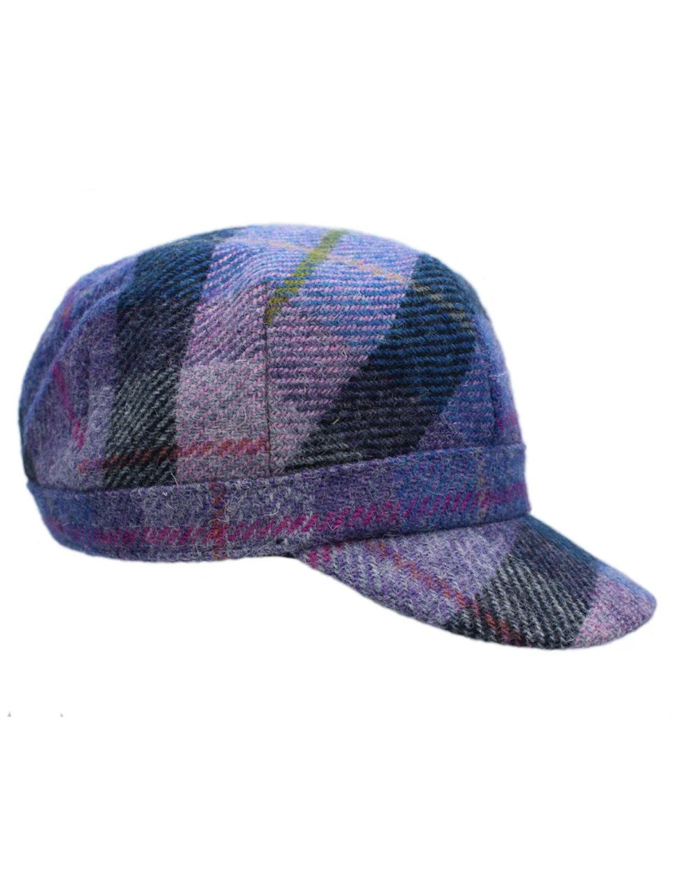 Lilac Pastels Coloured Heather Rhona Harris Tweed Cadet Cap on white background