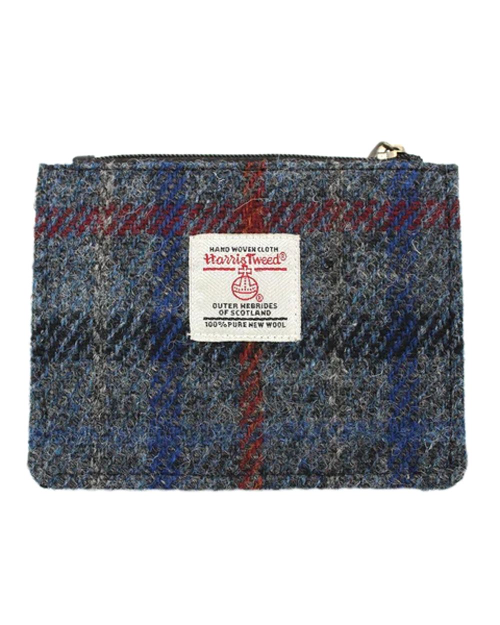 Grey Check Coloured Heather Rory Harris Tweed Coin/Card Wallet on white background