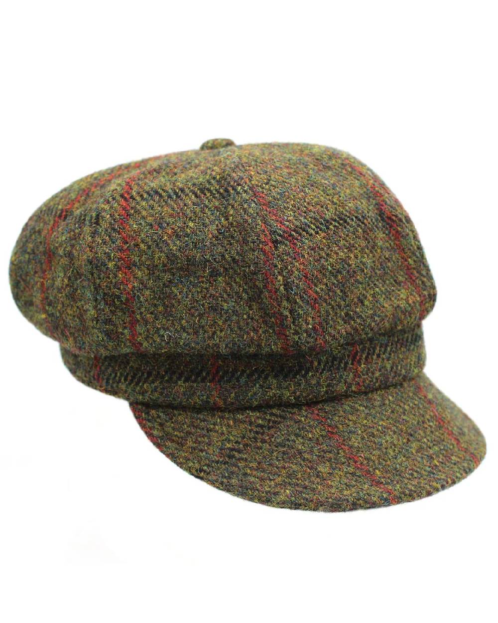 Green Check Coloured Heather Rosalie Harris Tweed Baker Boy Cap on white background