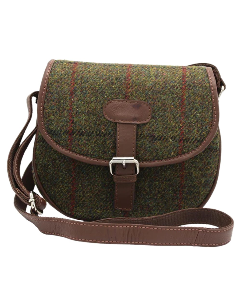 Green Check Coloured Heather Rowan Harris Tweed Saddle Bag on white background