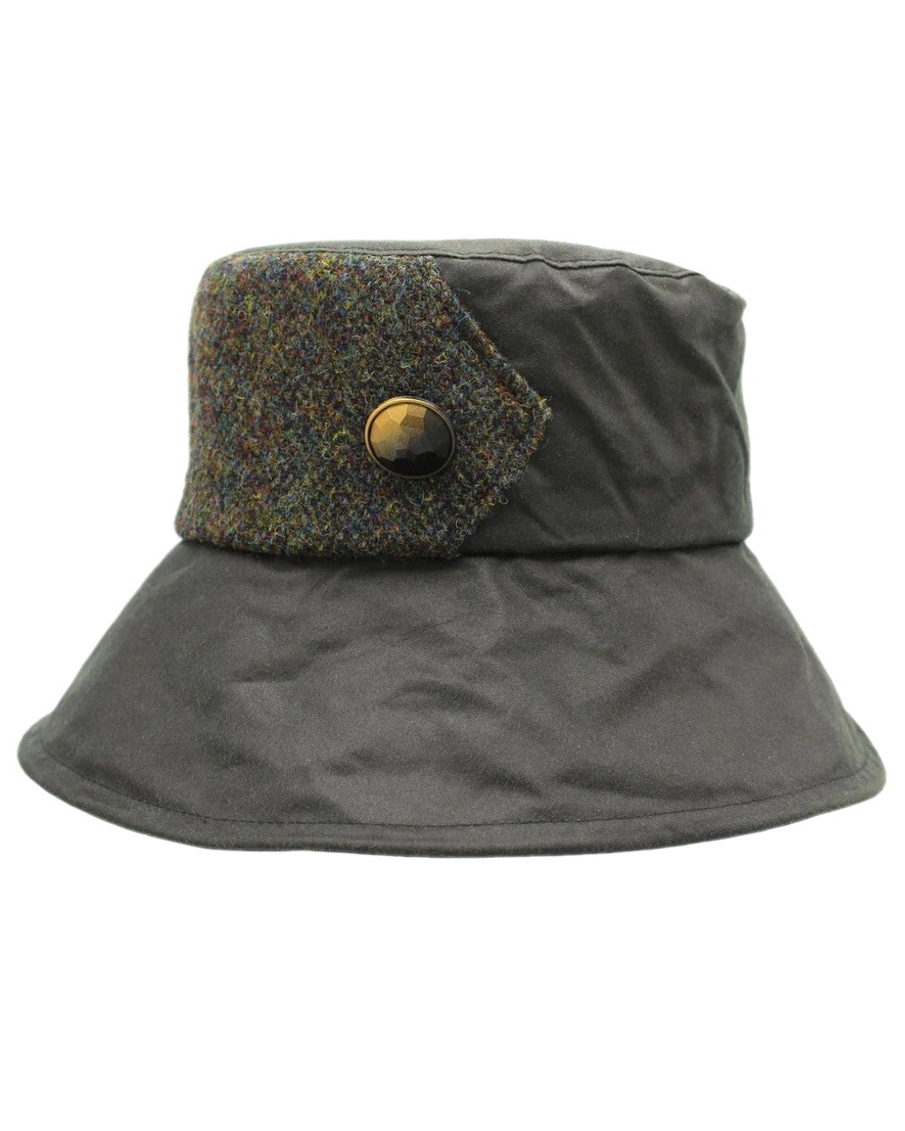 Olive Coloured Heather Womens Ellen Wax Harris Tweed Hat on white background