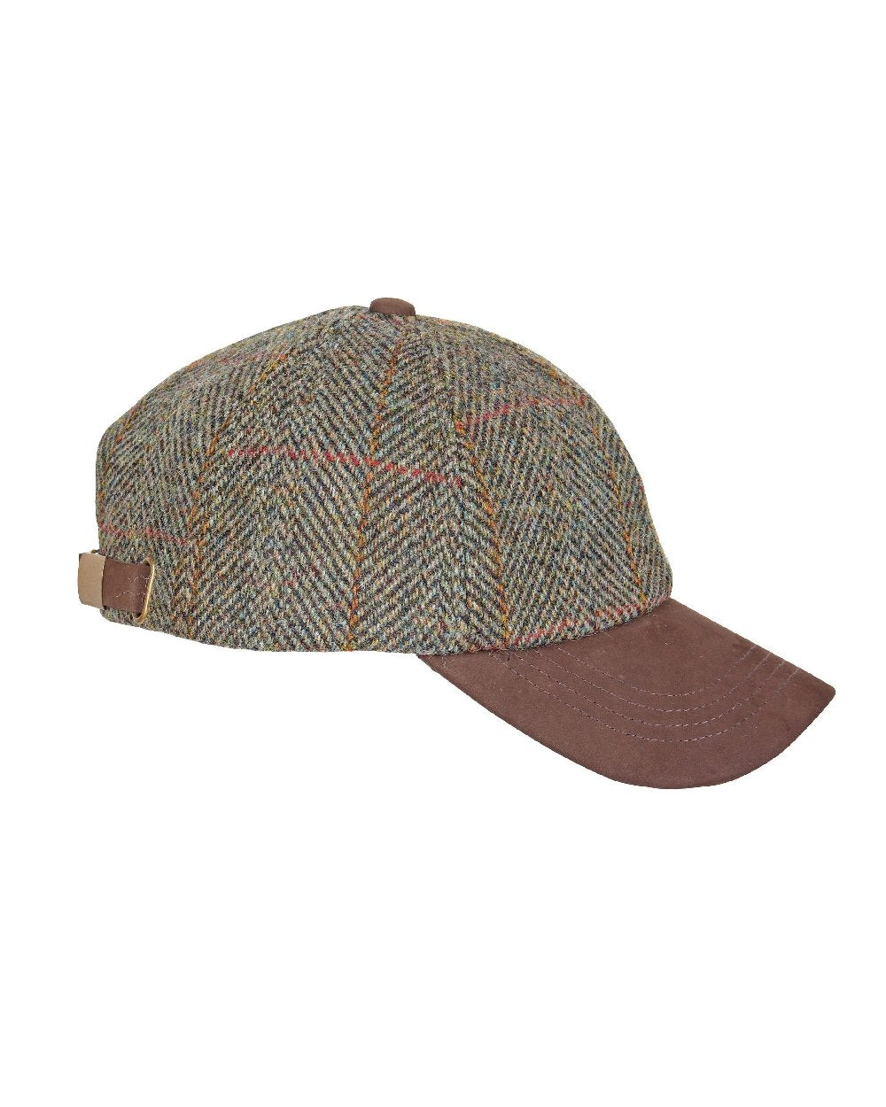 Sage coloured Heather Glencairn Harris Tweed/Leather Peak Baseball Cap on white background