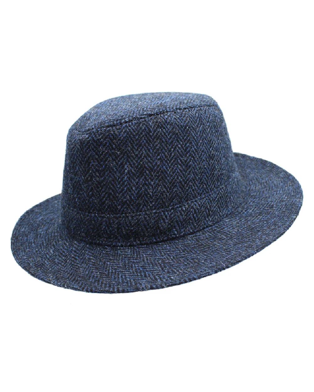 Blue Black Herringbone Coloured Heather Denholm Harris Tweed Fedora on white background