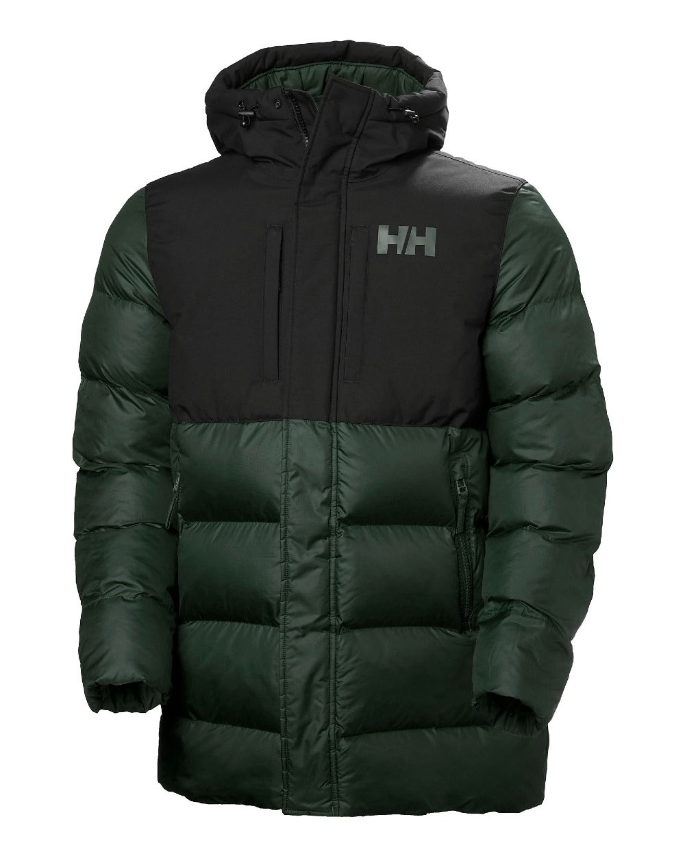 Dark Jungle Coloured Helly Hansen Active Puffy Long Jacket on white background