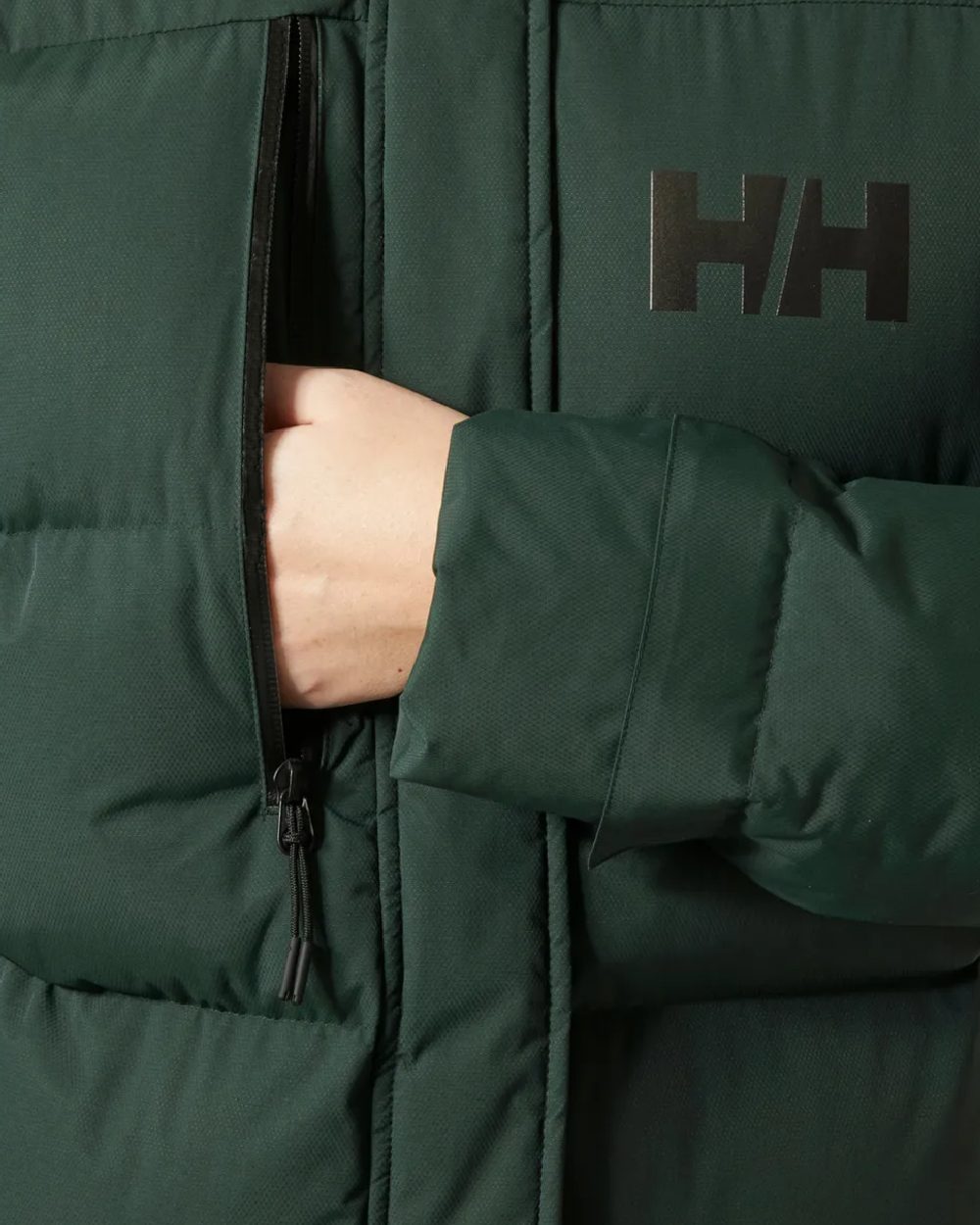 Dark Jungle Coloured Helly Hansen Adore Ladies Puffy Parka on white background
