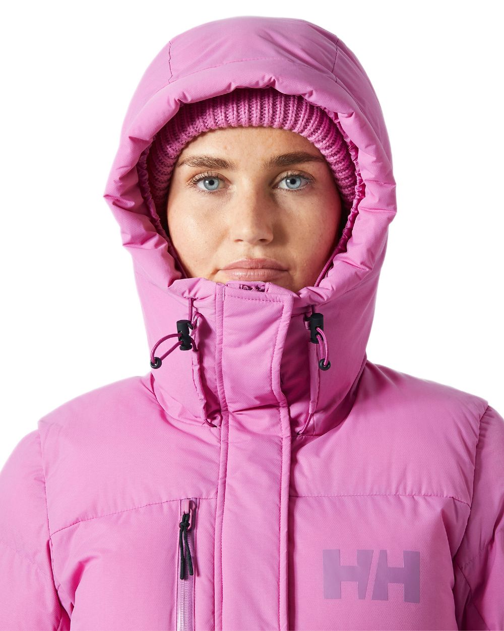 Meta Pink Coloured Helly Hansen Adore Ladies Puffy Parka on white background