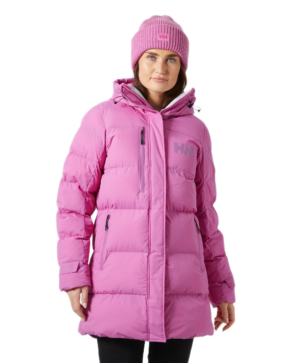 Meta Pink Coloured Helly Hansen Adore Ladies Puffy Parka on white background