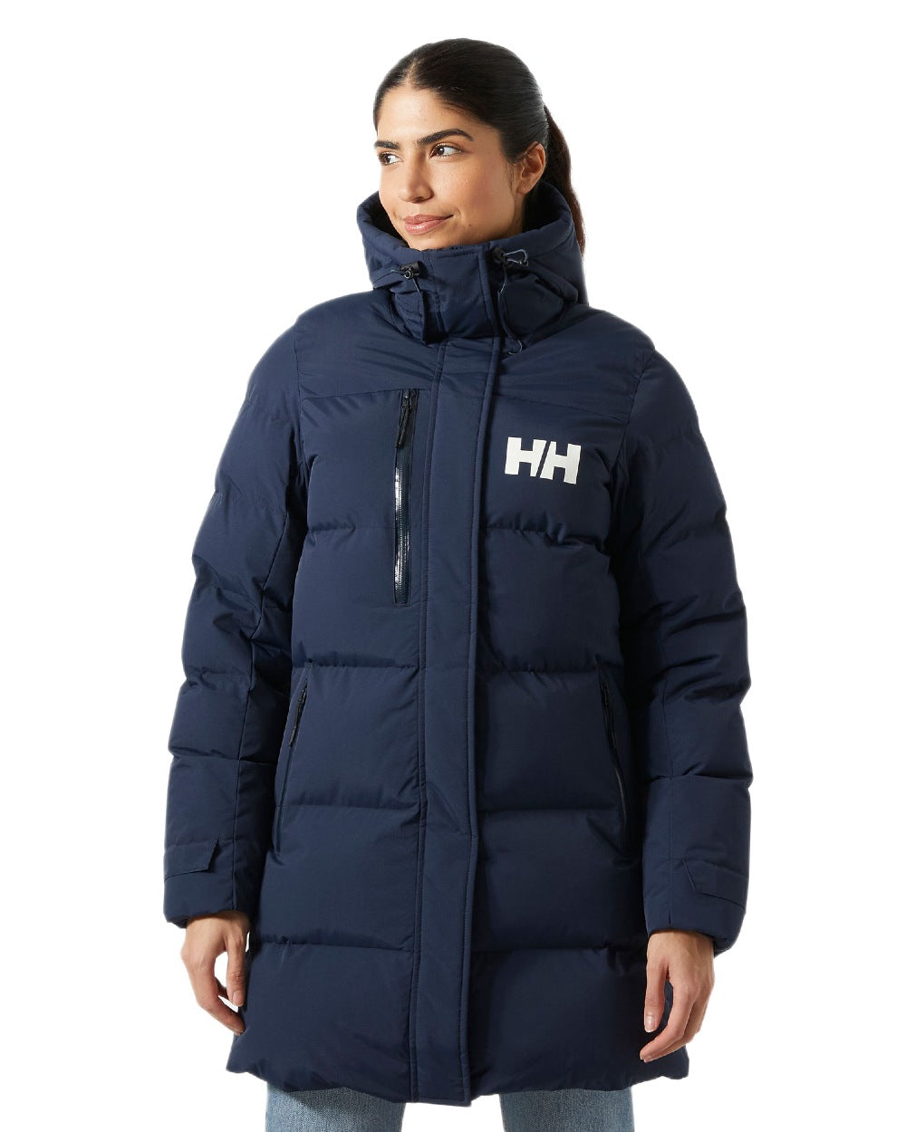 Navy Coloured Helly Hansen Adore Ladies Puffy Parka on white background