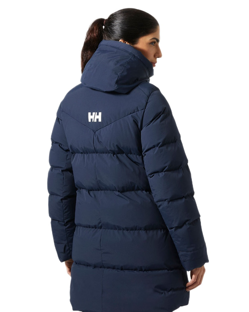 Navy Coloured Helly Hansen Adore Ladies Puffy Parka on white background