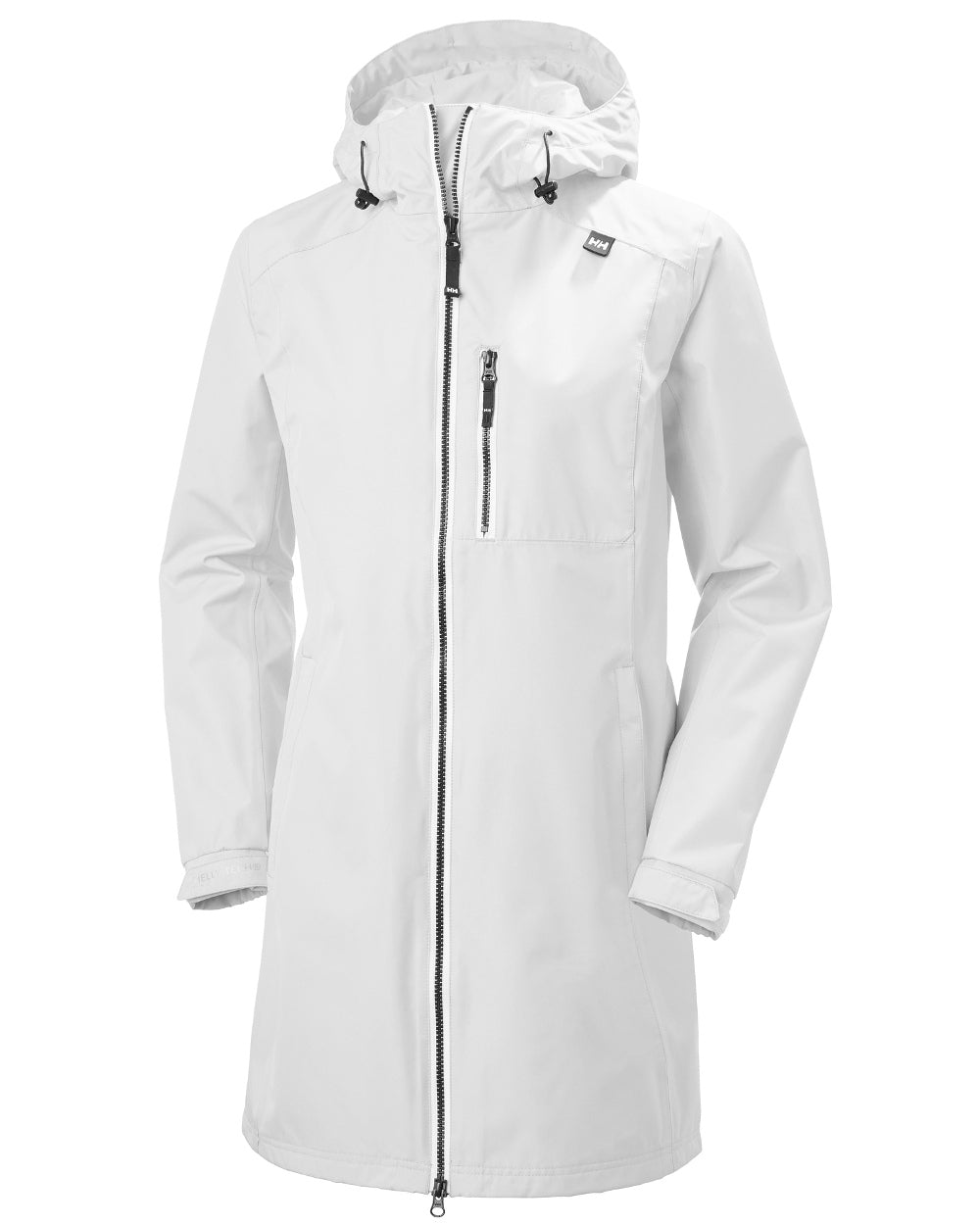 White coloured Helly Hansen Belfast Long Rain Jacket on white background
