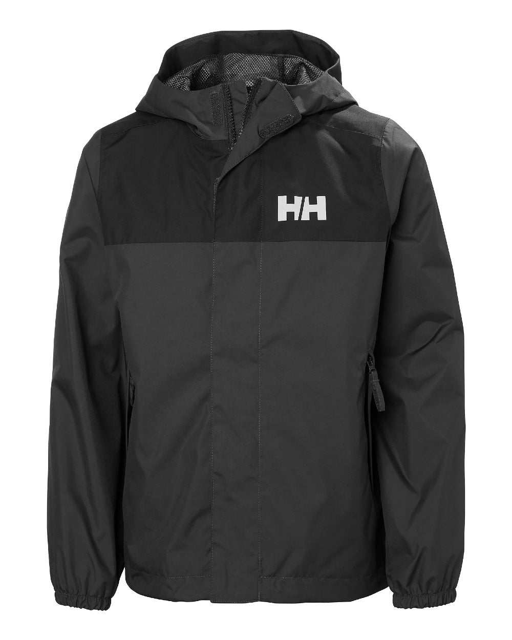 Ebony Coloured Helly Hansen Juniors Vancouver Rain Jacket on white background