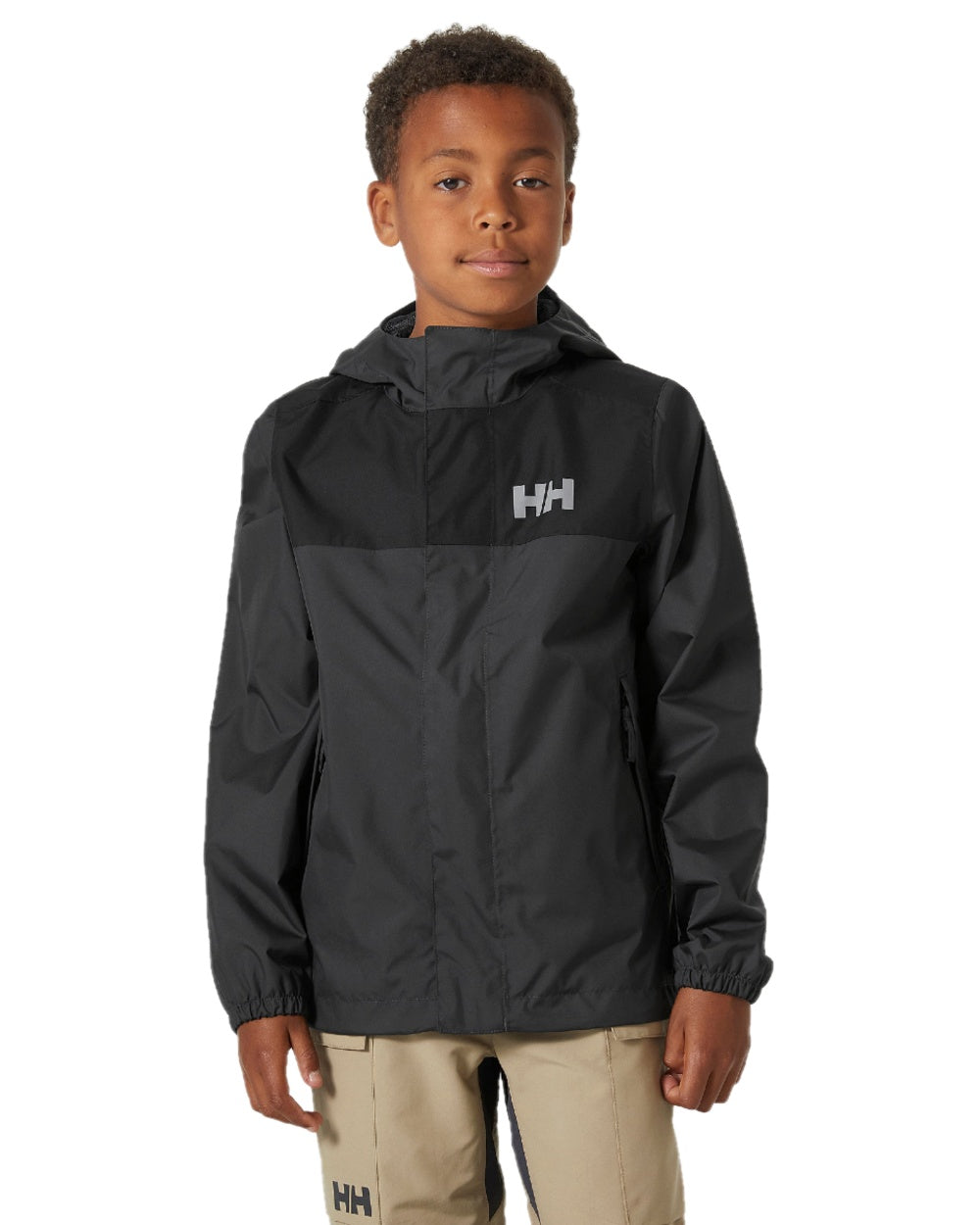Ebony Coloured Helly Hansen Juniors Vancouver Rain Jacket on white background