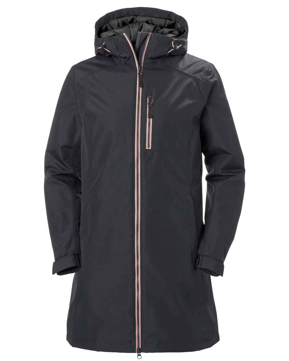 Ebony coloured Helly Hansen Long Belfast Ladies Winter Jacket on white background
