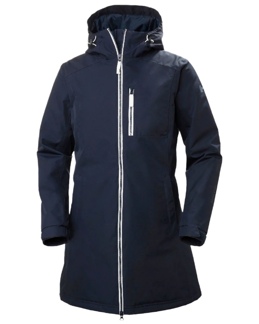 Navy coloured Helly Hansen Long Belfast Ladies Winter Jacket on white background