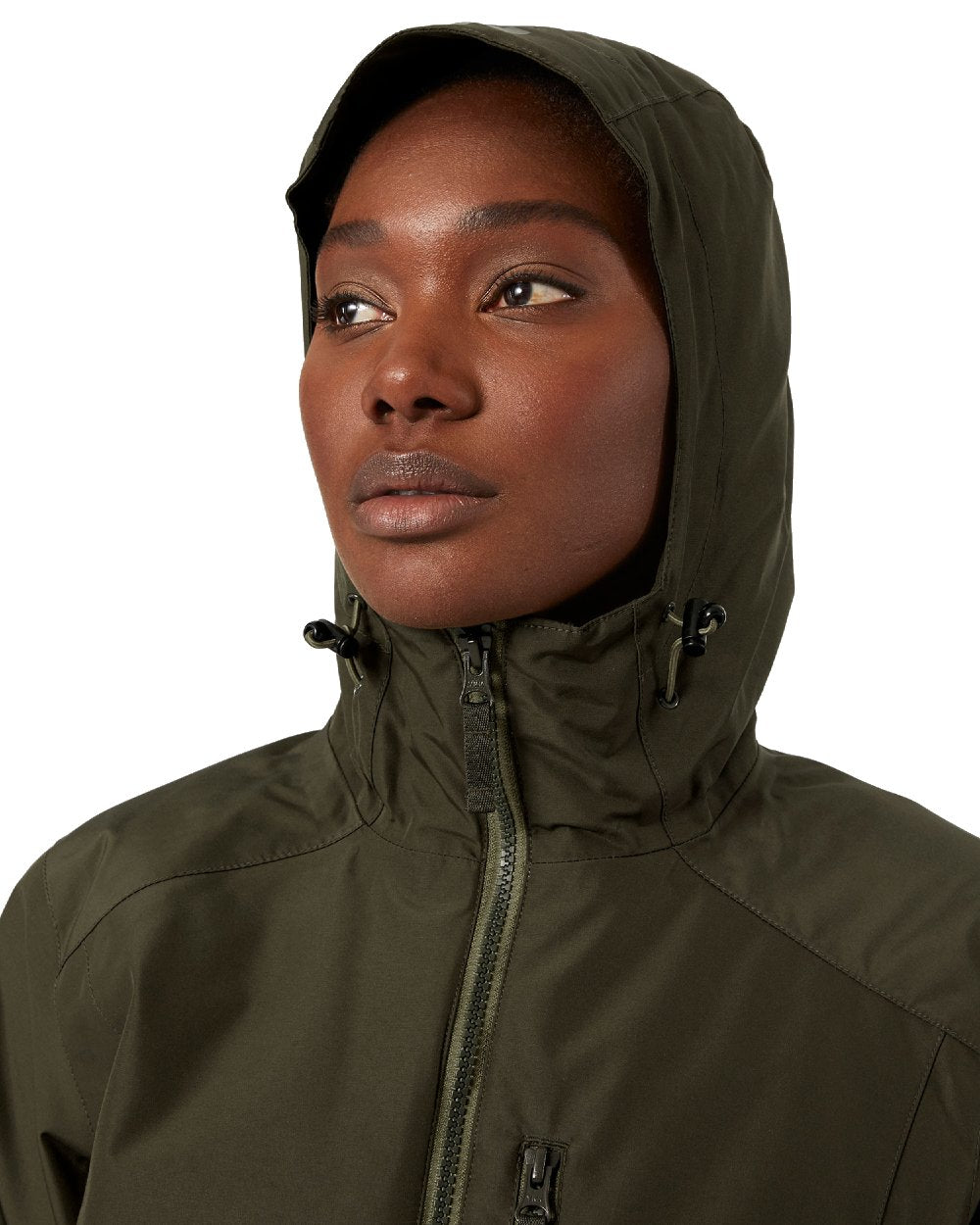 Utility Green coloured Helly Hansen Long Belfast Ladies Winter Jacket on white background
