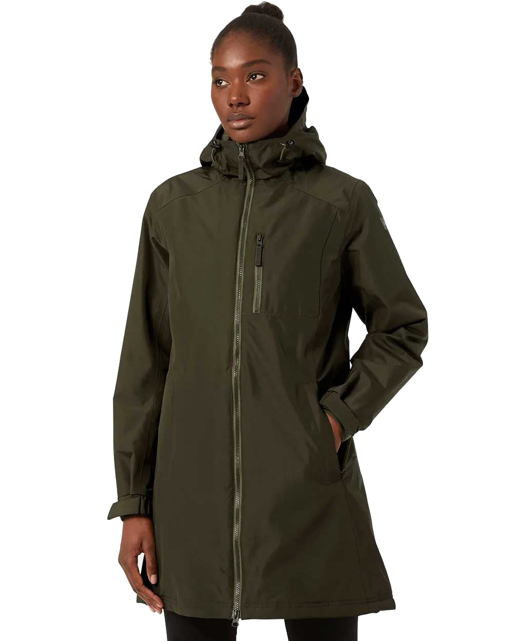 Utility Green coloured Helly Hansen Long Belfast Ladies Winter Jacket on white background