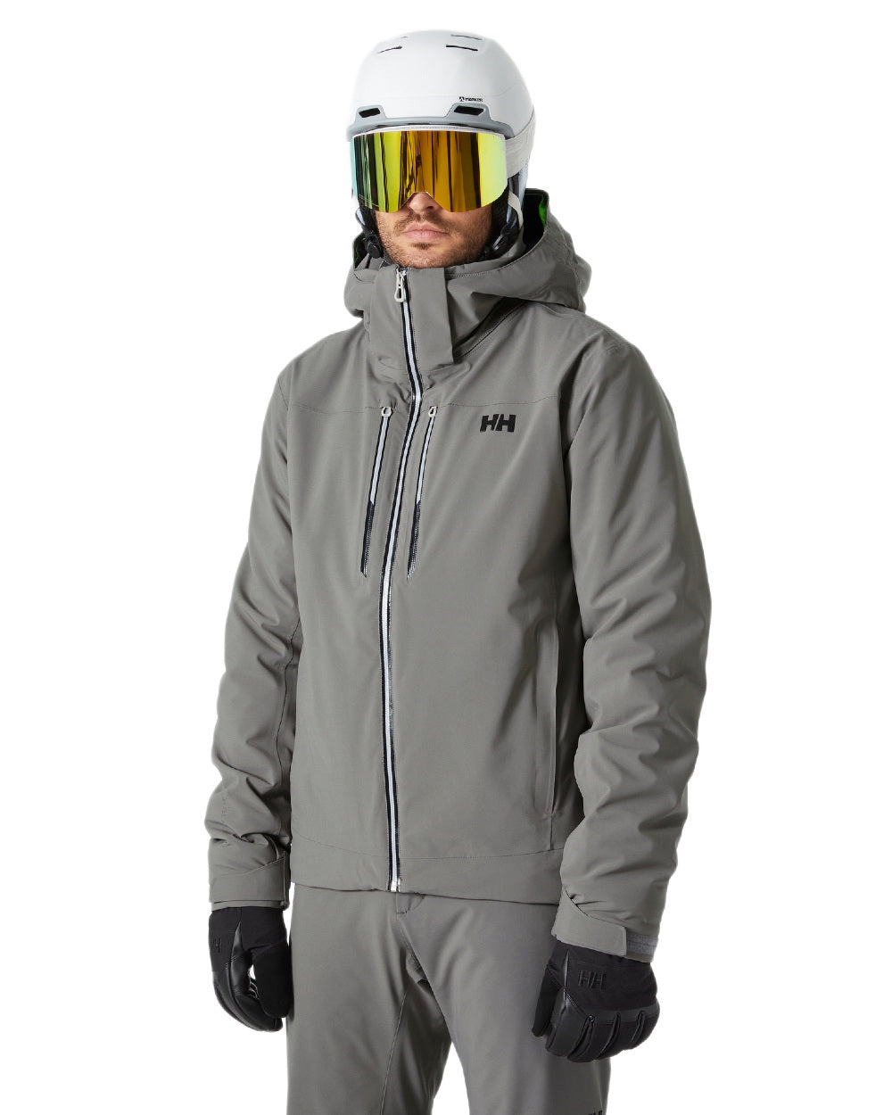 Concrete Coloured Helly Hansen Mens Alpha Lifaloft Insulated Ski Jacket on white background