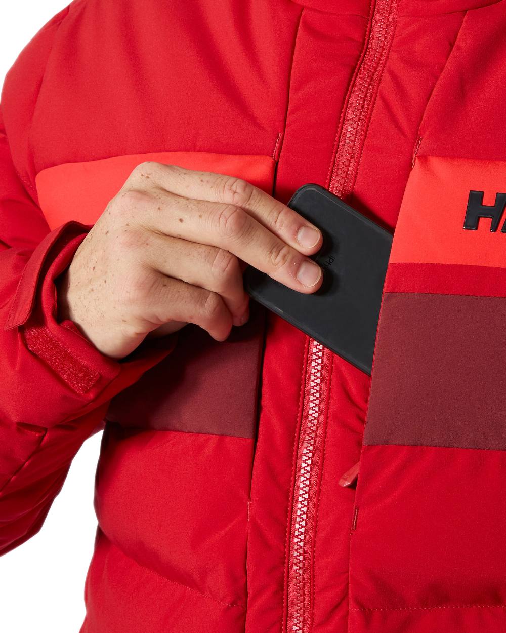 Red Coloured Helly Hansen Mens Bossanova Puffy 2.0 Jacket on white background