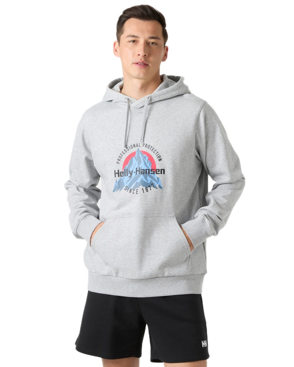 Grey Melange coloured Helly Hansen Mens Core Graphic Hoodie on white background