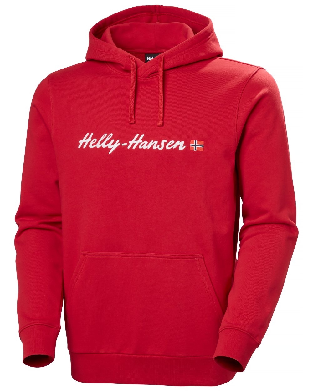 Red coloured Helly Hansen Mens Core Graphic Hoodie on white background