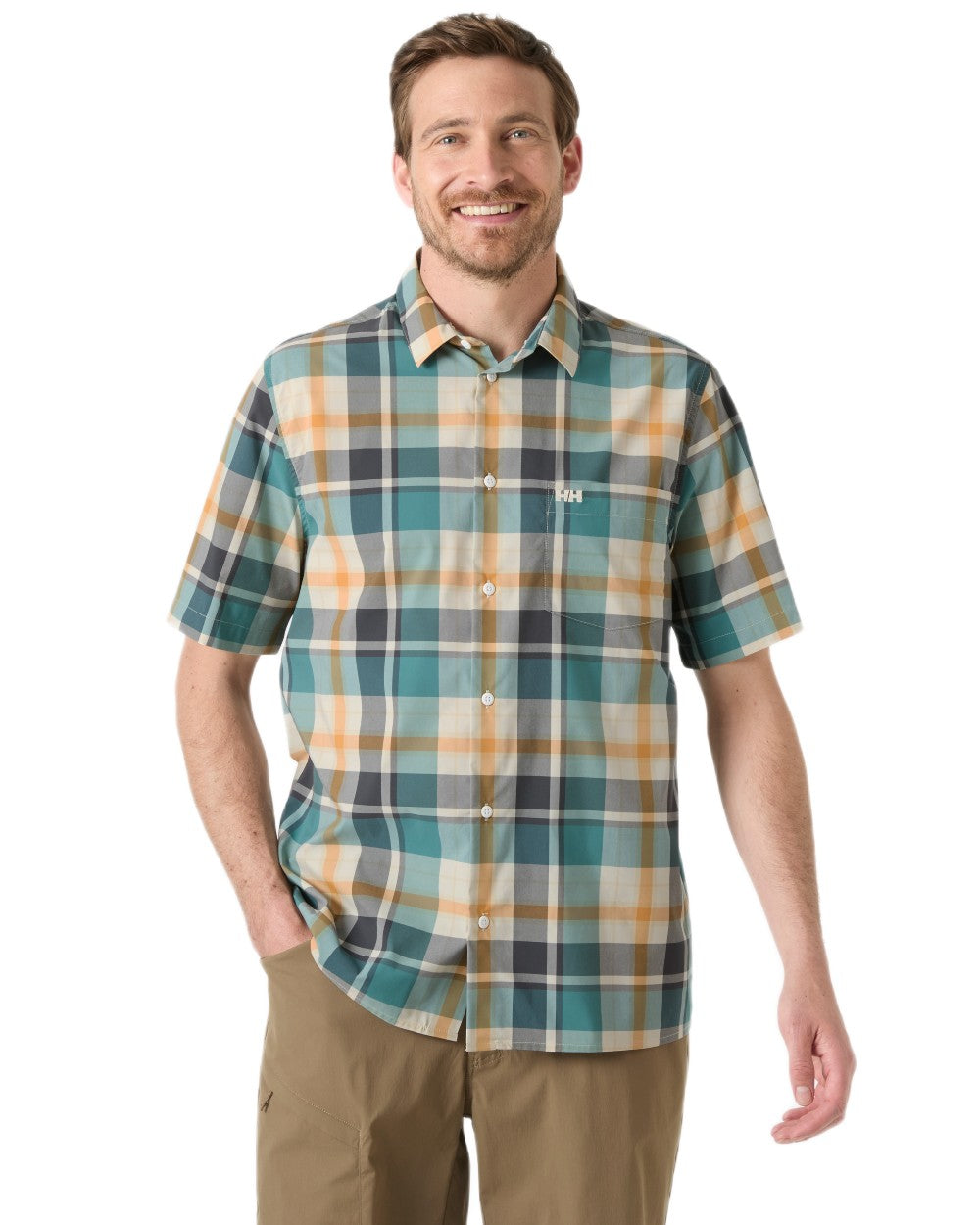 Opal Green Peak Plaid Coloured Helly Hansen Mens Fjord Quick Dry Short Sleeve Shirt 2.0 on White Background