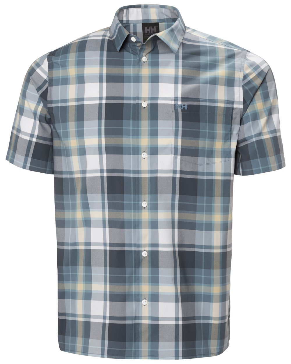 Washed Navy Peak Plaid Coloured Helly Hansen Mens Fjord Quick Dry Short Sleeve Shirt 2.0 on White Background