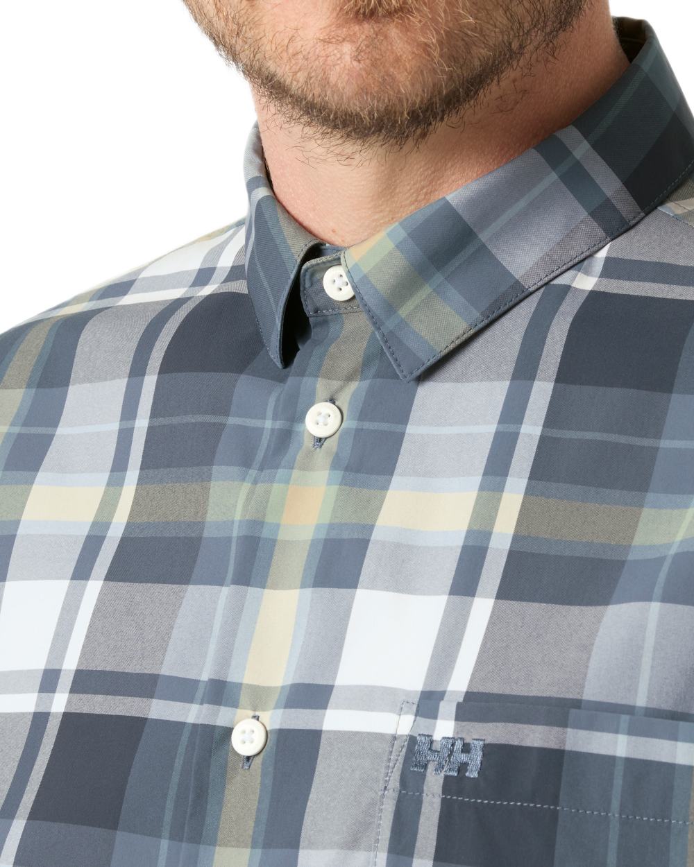 Washed Navy Peak Plaid Coloured Helly Hansen Mens Fjord Quick Dry Short Sleeve Shirt 2.0 on White Background