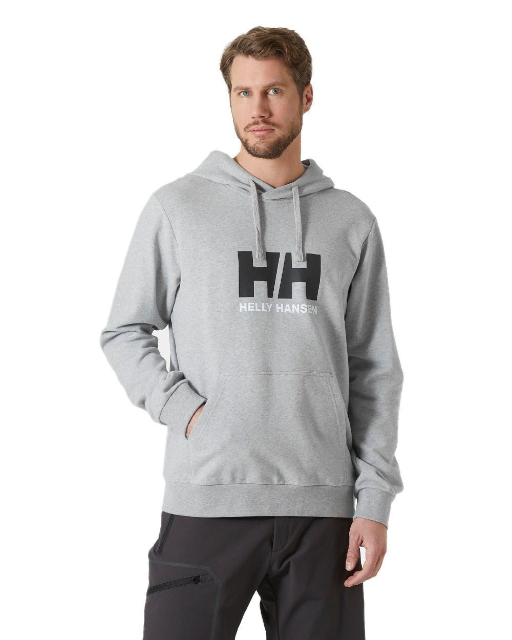 Grey Melange coloured Helly Hansen Mens Logo Hoodie on white background