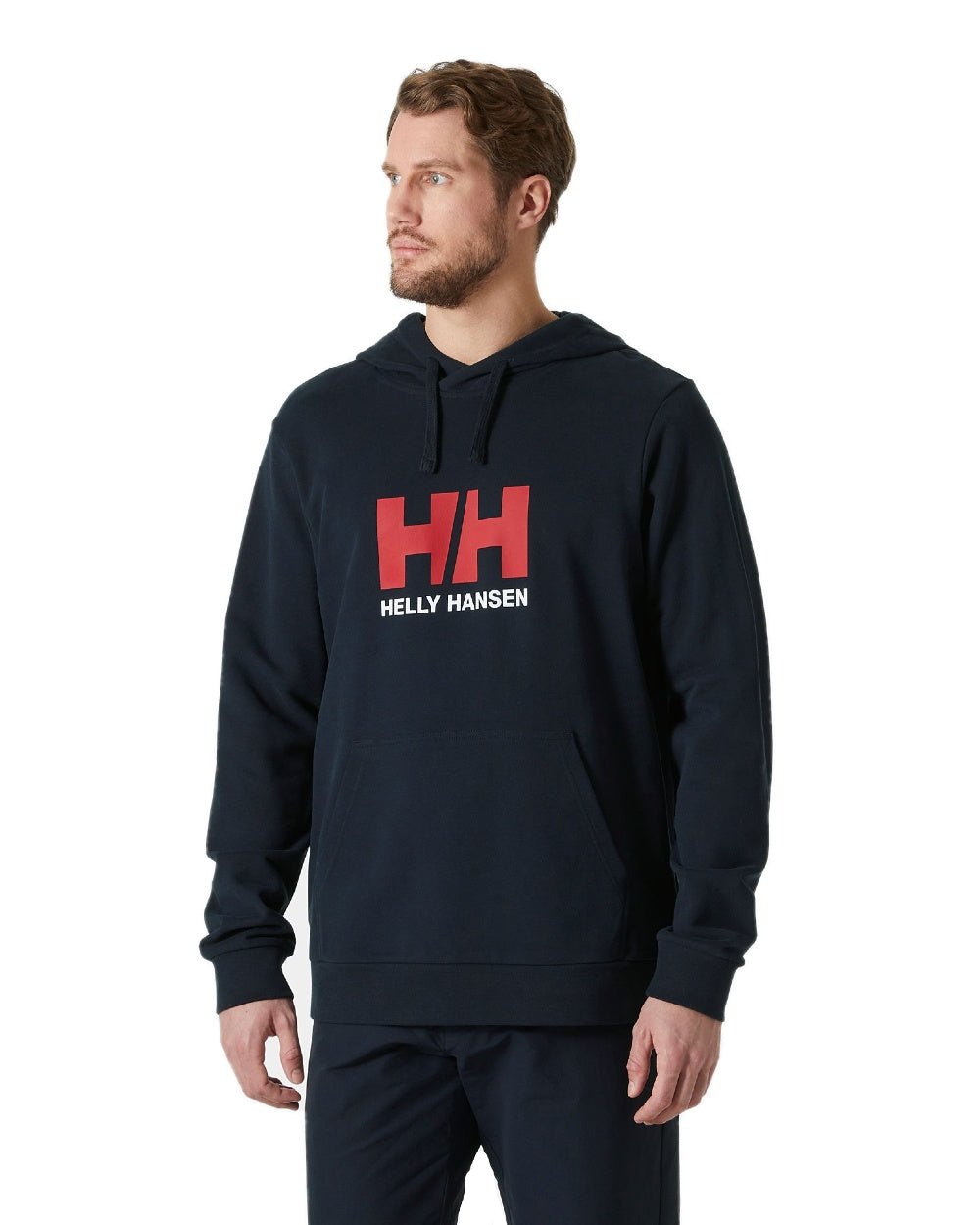 Navy coloured Helly Hansen Mens Logo Hoodie on white background