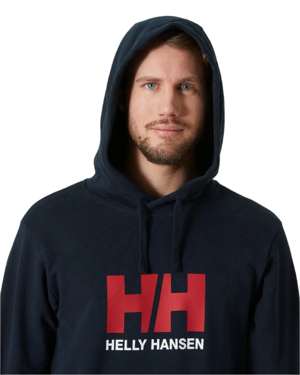Navy coloured Helly Hansen Mens Logo Hoodie on white background