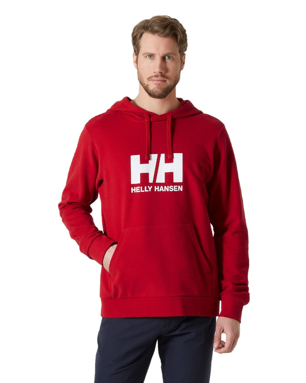Red coloured Helly Hansen Mens Logo Hoodie on white background
