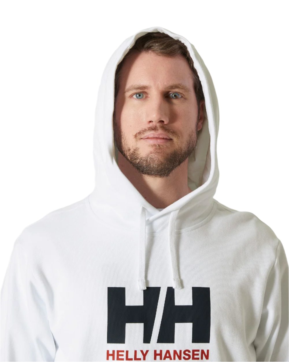 White coloured Helly Hansen Mens Logo Hoodie on white background