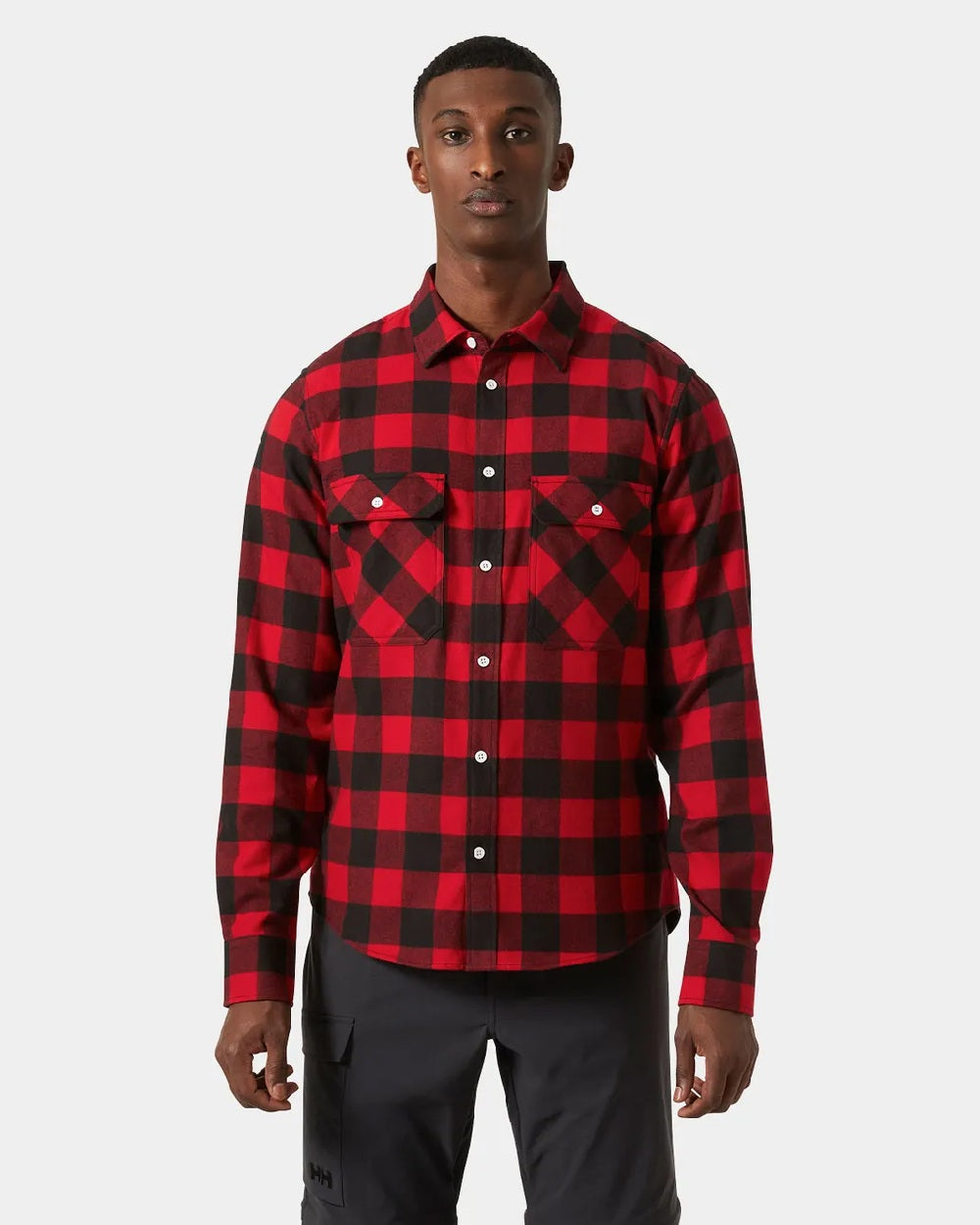Red Buffalo Coloured helly Hansen Mens Lokka Flannel Long Sleeve Shirt On White Background