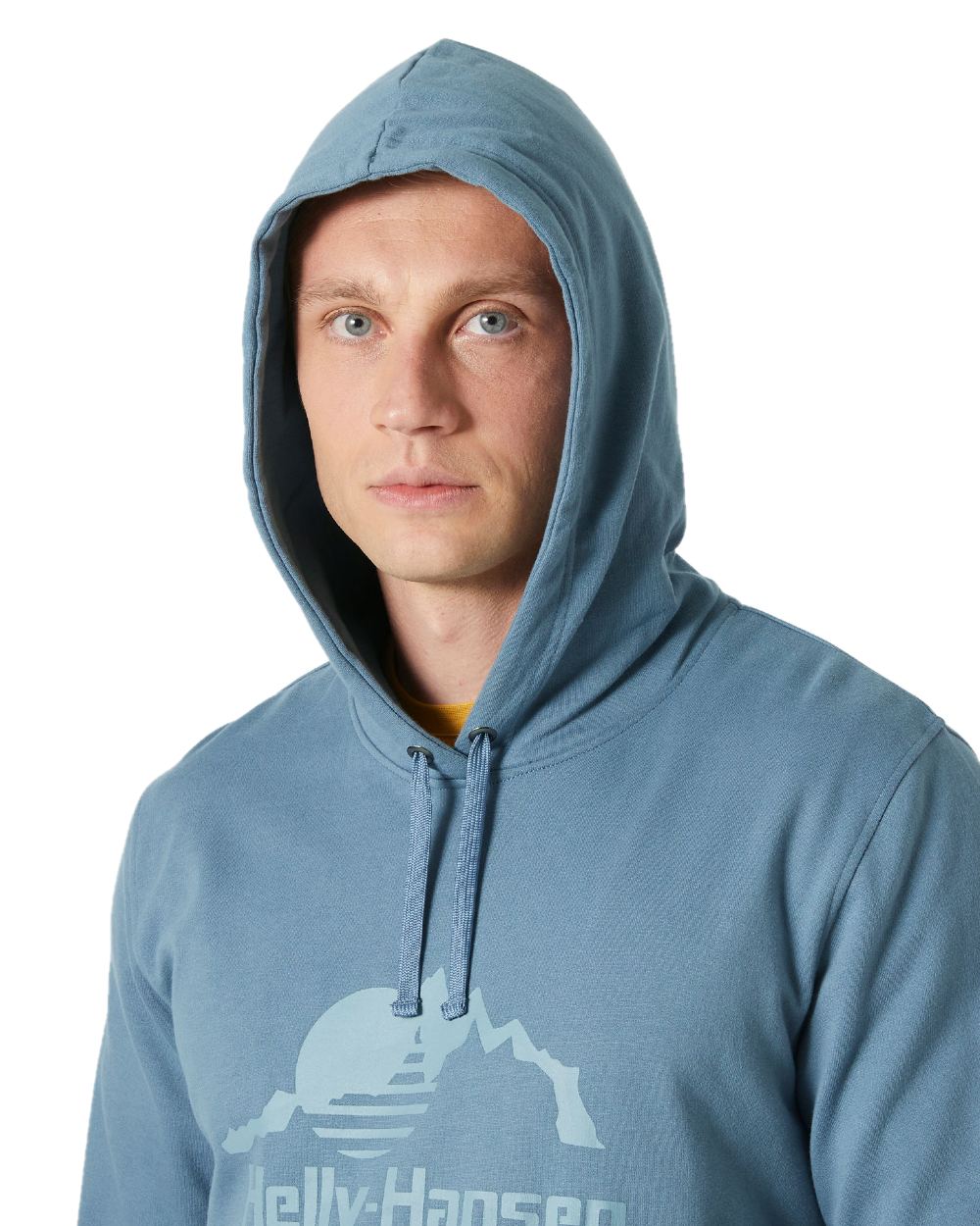 Washed Navy coloured Helly Hansen Mens Nord Graphic Pullover Hoodie on white background