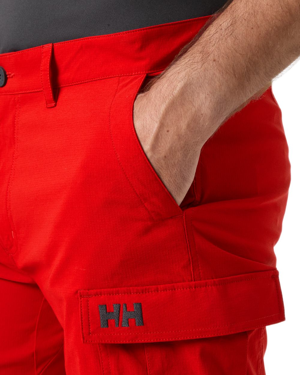 Red coloured Helly Hansen Mens Quick-Dry Cargo Shorts 11"on white background
